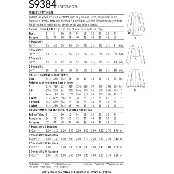 Simplicity S9384 Sewing Pattern Misses Sweatshirt With Hood Pocket Pullover 6-14 - Picture 2 of 9